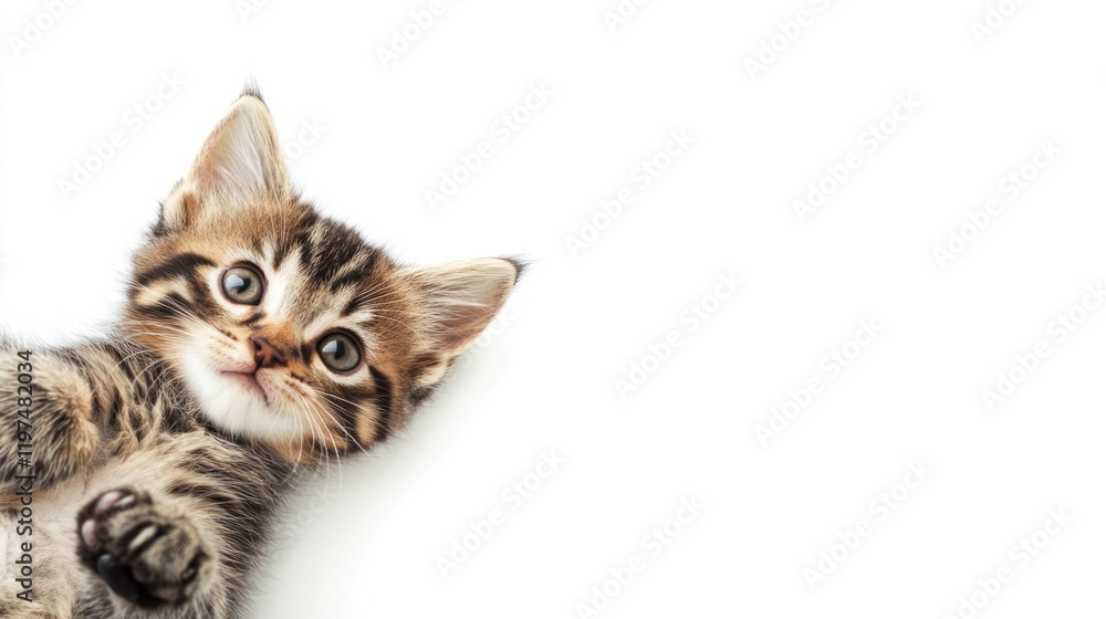 Cute playful tabby kitten with big eyes lying on a white background looking at the camera Copy Space Cute playful tabby kitten with big eyes lying on a white background looking at the camera Copy Space