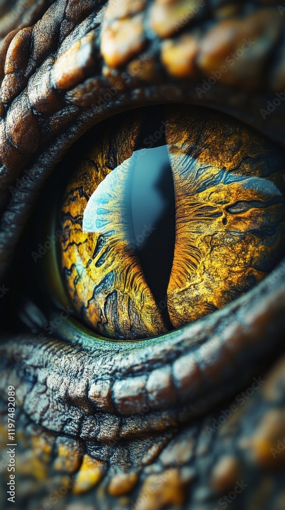 Fototapeta premium Captivating close-up of a reptilian eye showcasing intricate textures and vibrant colors in a natural environment