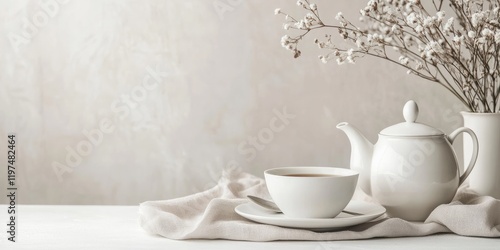 Wallpaper Mural White tea set with teapot and cup on table with neutral background and dried flowers in vase Copy Space Torontodigital.ca