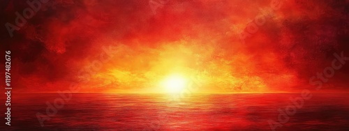 Vibrant Sunset Over Tranquil Ocean with Dramatic Red and Orange Sky Copy Space photo