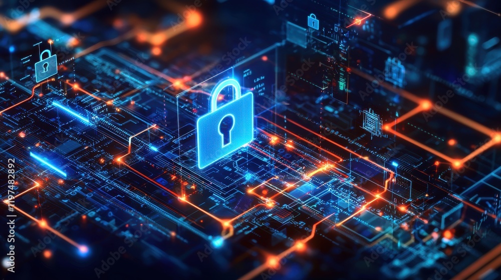 Futuristic Digital Lock Icon on Circuit Board Background Representing Cybersecurity, Data Protection, and Technology Concepts Futuristic Digital Lock Icon on Circuit Board Background Representing Cybersecurity, Data Protection, and Technology Concepts