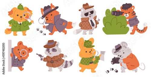 Detectives animals vector set, spy agent crime investigating, raccoon with handgun, fox, dog bear with magnifying glass