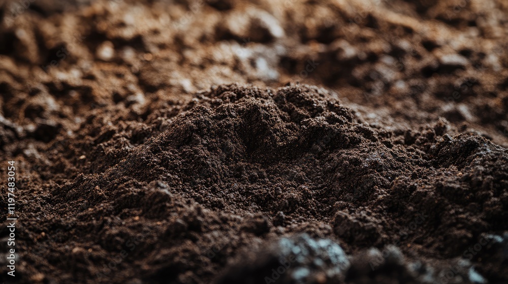 Close-up view of rich dark soil texture with natural lighting and copy space for gardening or agricultural themes. Close-up view of rich dark soil texture with natural lighting and copy space for gardening or agricultural themes.