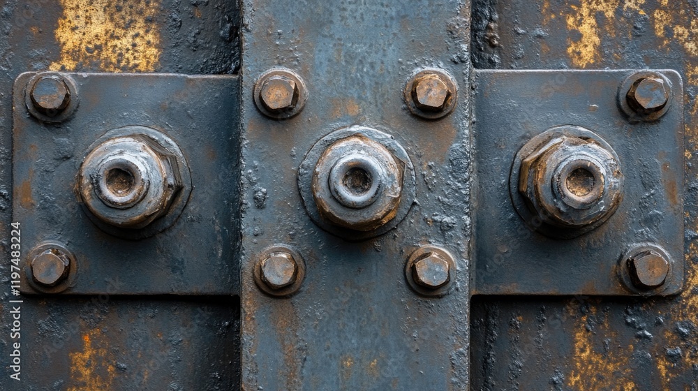 Rusty metal bolts and washers on weathered steel surface with uneven texture and color variations Copy Space Rusty metal bolts and washers on weathered steel surface with uneven texture and color variations Copy Space