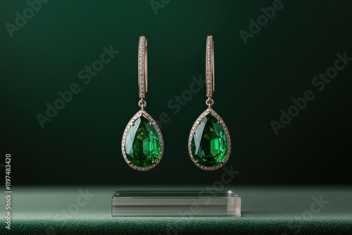 Elegant green gemstone earrings displayed on a clean surface against a dark green backdrop that enhances their beauty photo