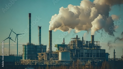 An industrial plant emitting steam, with visible wind turbines in the background showcasing a hybrid energy solution. photo