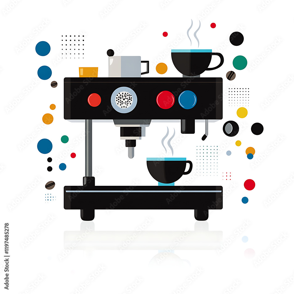 Stylish illustration of an espresso machine brewing coffee, featuring vibrant colors and a modern geometric design. Perfect for cafe menus, coffee shop websites, or coffee-related publications. Stylish illustration of an espresso machine brewing coffee, featuring vibrant colors and a modern geometric design. Perfect for cafe menus, coffee shop websites, or coffee-related publications.
