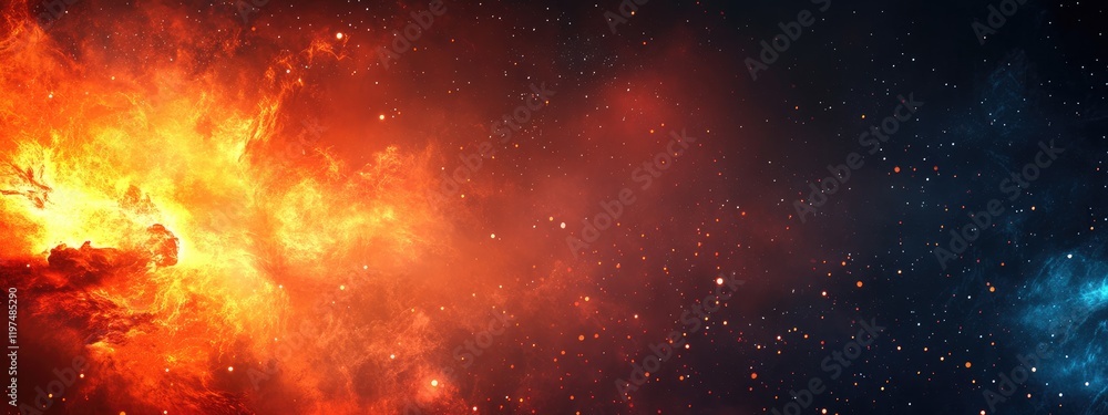 Fototapeta premium Colorful cosmic nebula with bright stars and deep space background featuring a blend of orange and blue hues with Copy Space.