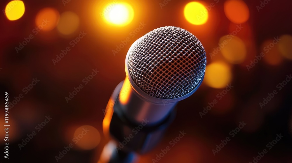 Microphone with blurred warm lights in background perfect for music, concerts or events themed designs with copy space for text placement Microphone with blurred warm lights in background perfect for music, concerts or events themed designs with copy space for text placement