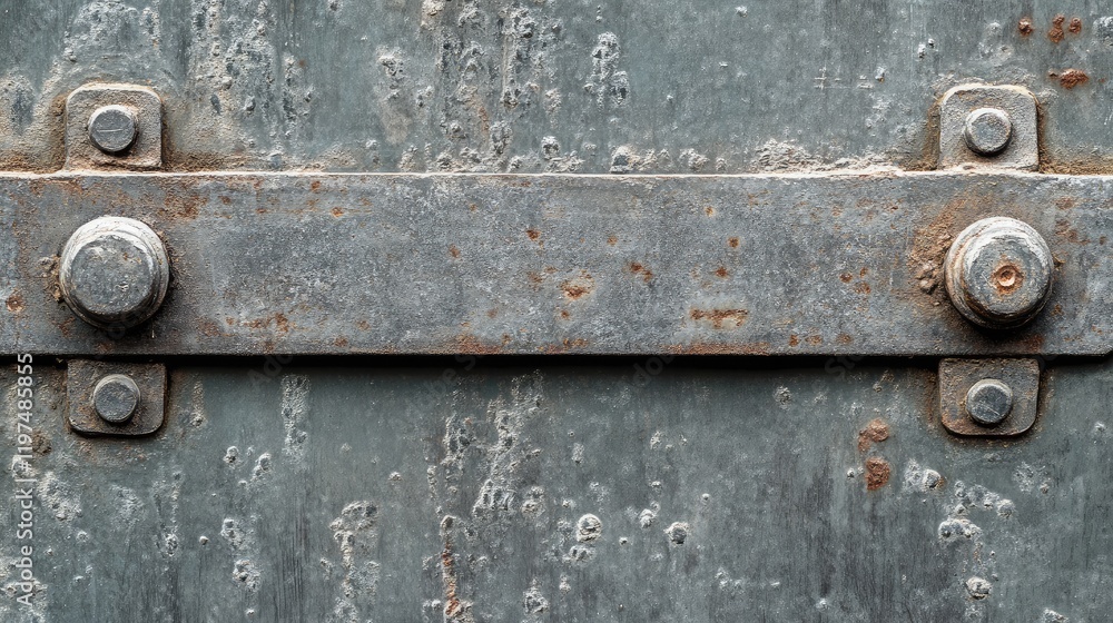 Close-up of weathered metal surface with rust and bolts, showcasing industrial textures and patterns, ideal for backgrounds and designs. Copy Space. Close-up of weathered metal surface with rust and bolts, showcasing industrial textures and patterns, ideal for backgrounds and designs. Copy Space.