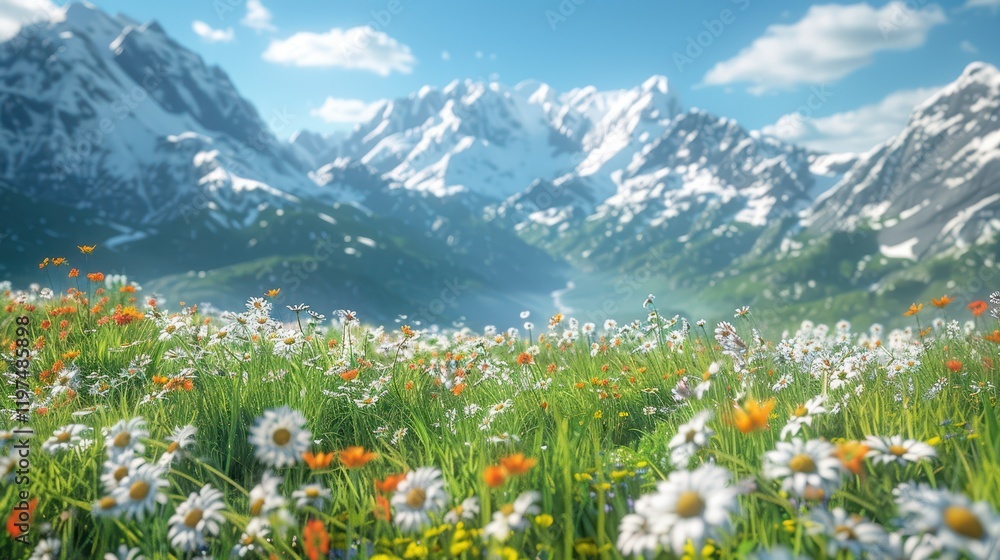 Fototapeta premium A serene alpine meadow dotted with wildflowers, framed by snow-capped peaks and a clear blue sky. 