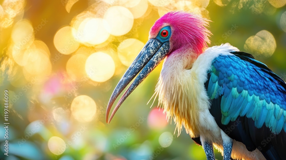 Fototapeta premium Colorful exotic bird with a striking pink head and vibrant plumage against a blurred natural background with bokeh lights Copy Space