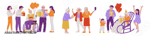 Happy festive people different ages with gift boxes, balloons or birthday cake, cartoon family celebrations vector set