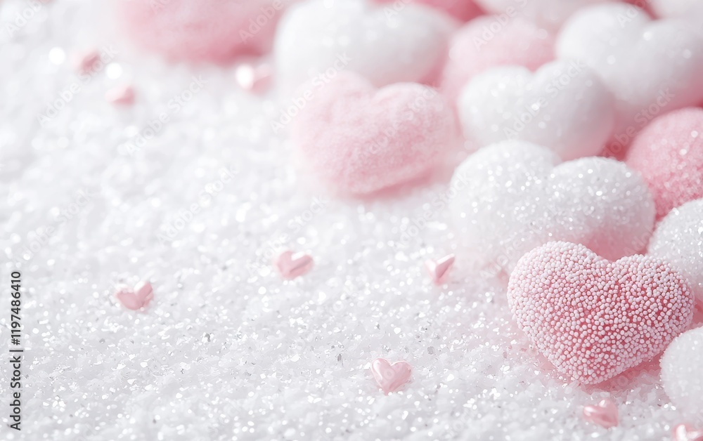 Fototapeta premium A delightful array of pink and white hearts gracefully scattered across a pristine white surface, evoking love and joy this Valentine's Day.