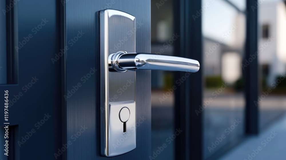 Modern door handle with keyhole on exterior of a stylish door showcasing contemporary design and Copy Space for text placement. Modern door handle with keyhole on exterior of a stylish door showcasing contemporary design and Copy Space for text placement.