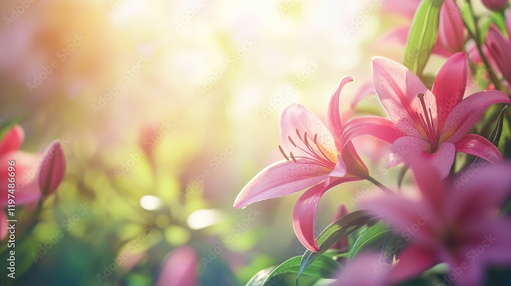 Delicate pink lilies in a soft focus garden with sunlight creating a warm and inviting atmosphere Copy Space available for text placement Delicate pink lilies in a soft focus garden with sunlight creating a warm and inviting atmosphere Copy Space available for text placement