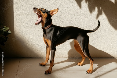 A doberman barking energetically, showcasing its impressive stature and playful spirit. This dog captures attention with its lively personality and striking appearance. photo