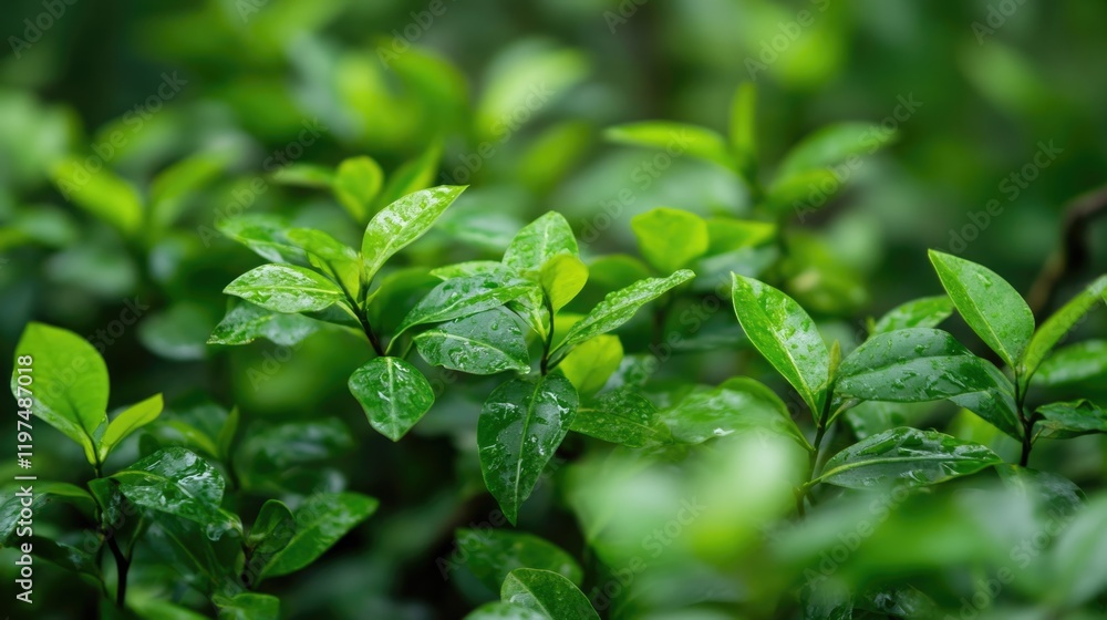 Lush green leaves with water droplets in a natural setting ideal for nature themes featuring Copy Space for text placement Lush green leaves with water droplets in a natural setting ideal for nature themes featuring Copy Space for text placement