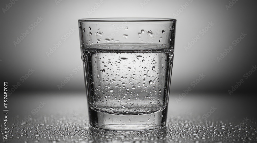 Clear glass of water with condensation droplets on surface against a gradient background featuring ample copy space for text or branding. Clear glass of water with condensation droplets on surface against a gradient background featuring ample copy space for text or branding.