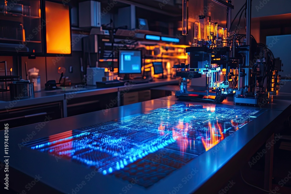 Futuristic lab; glowing machine, data display. Futuristic lab; glowing machine, data display.