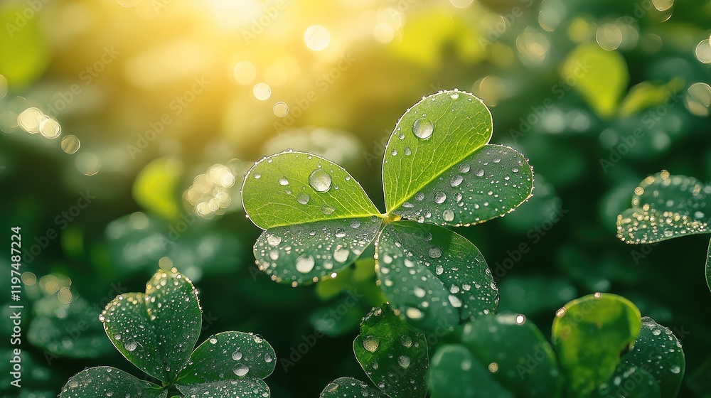 Vibrant green clover with dew drops bathed in golden sunlight, symbolizing luck and renewal in nature's embrace.