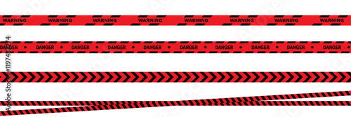 Set of warning, danger, caution tape. Vector Black and red stripe set with warning tapes. 