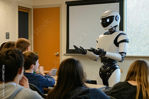 Robot lectures students in classroom.