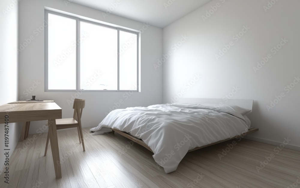 Fototapeta premium A clean, minimalist 3D rendering of a bedroom with a wooden desk, a white bed with no headboard, pale wood floors, and a single large window on a white wall 