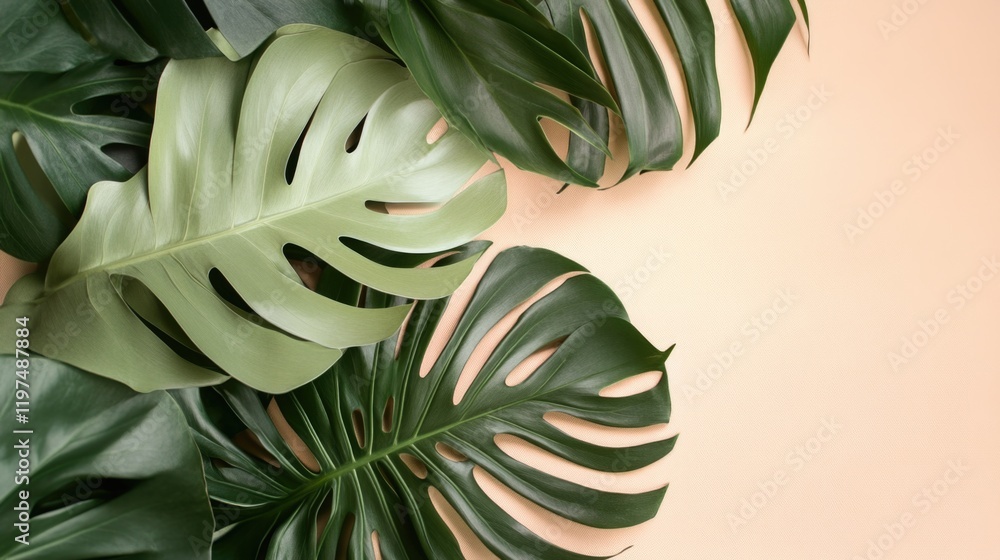 Tropical Monstera leaves arranged on a soft peach background with ample Copy Space for text placement in design projects or advertisements Tropical Monstera leaves arranged on a soft peach background with ample Copy Space for text placement in design projects or advertisements