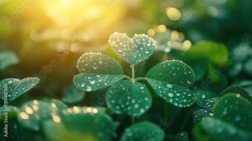 Wallpaper Mural Vibrant green clover with dew drops bathed in golden sunlight, symbolizing luck and renewal in nature's embrace. Torontodigital.ca