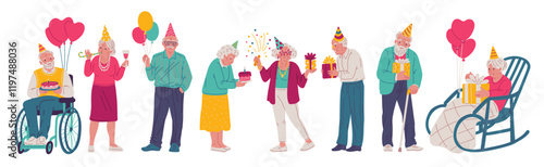 Happy old people in festive decorations with gift boxes, balloons or cake, vector cartoon grandparent celebrate birthday