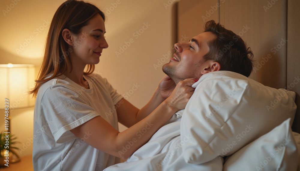 Couple sharing a caring moment adjusting pillows in cozy room, love Couple sharing a caring moment adjusting pillows in cozy room, love