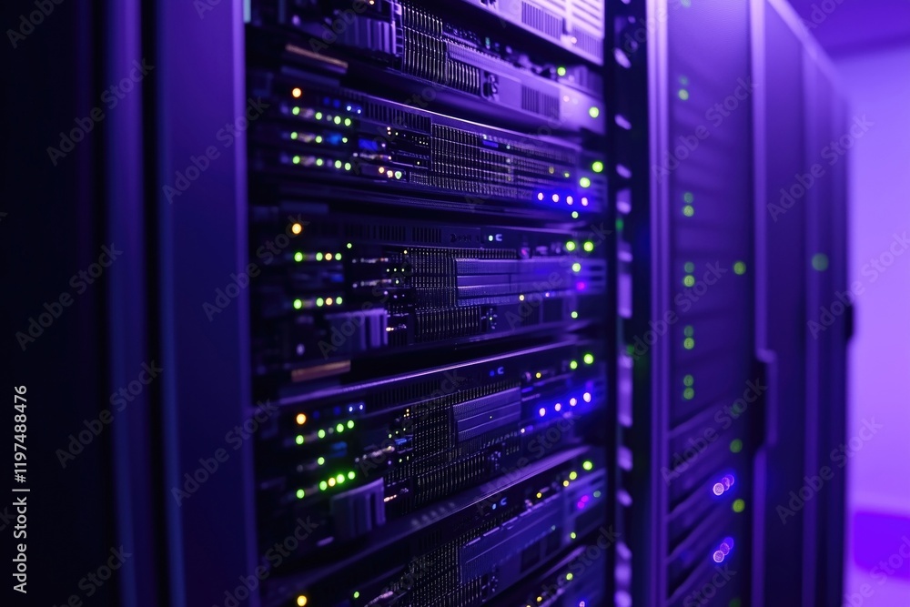 A network engineer working on server equipment in a data center with glowing lights. A network engineer working on server equipment in a data center with glowing lights.