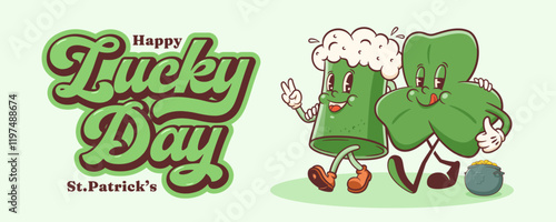 Saint Patrick Day Groovy Beer Tankard and Shamrock Retro Characters Banner. Cartoon Green Ale Mug with Clover Trefoil. Vector Irish Spring Holiday Mascot Template. Happy Vintage Illustration. Isolated