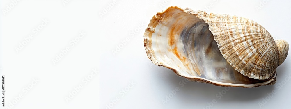 Seashell with open structure displaying inner and outer surfaces on a plain background with Copy Space for text placement Seashell with open structure displaying inner and outer surfaces on a plain background with Copy Space for text placement