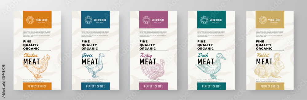 Obraz premium Organic Chicken Meat Vector Package Design Textured Label Templates Set. Farm Bird Poultry and Rabbit Food Product Banners. Hand Drawn Domestic Animals Livestock Backgrounds Layout Collection Isolated