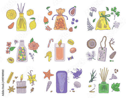 Aromatic candle, sachet, aroma stick, perfume bottle vector set, natural fruity fragrance, coniferous and marine essence