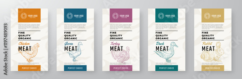 Organic Chicken Meat Vector Package Design Textured Label Templates Set. Farm Bird Poultry and Rabbit Food Product Banners. Hand Drawn Domestic Animals Livestock Backgrounds Layout Collection Isolated