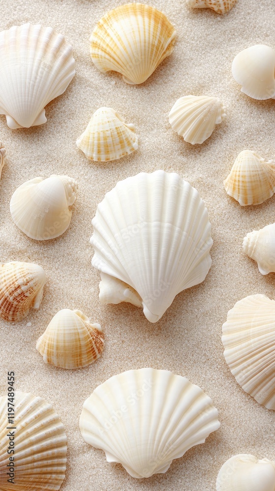 Delicate seashells lie on warm sand, capturing the serene beauty of beach under bright sunlight Delicate seashells lie on warm sand, capturing the serene beauty of beach under bright sunlight