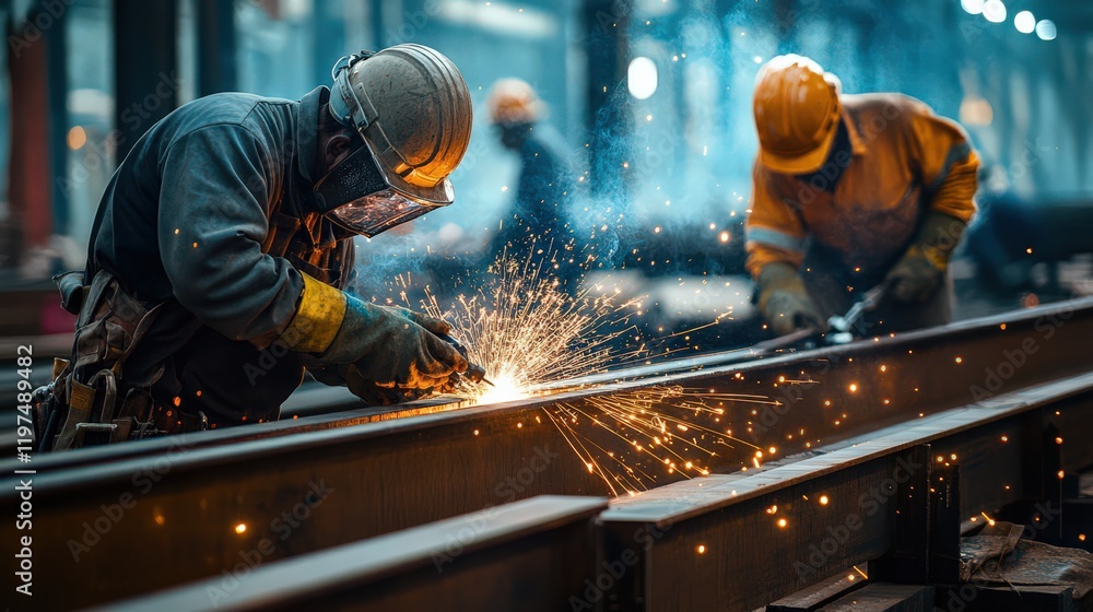 Construction workers welding steel beams for a railway overpass in an urban area. Construction workers welding steel beams for a railway overpass in an urban area.