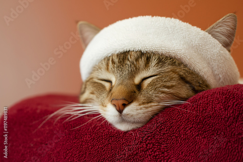 cat relaxing at the spa, sleeping on hot towels photo