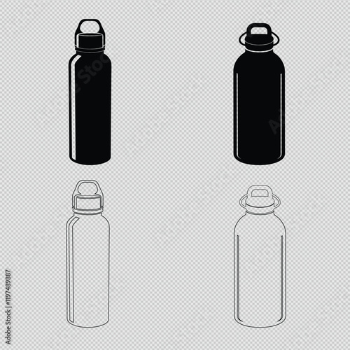 metal water bottle vector set with silhouettes and line art. Perfect for fitness, eco-friendly themes, and design projects