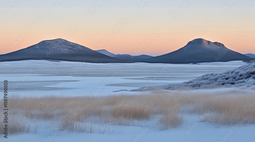 Winter sunrise over snow covered mountains and frozen lake Winter sunrise over snow covered mountains and frozen lake