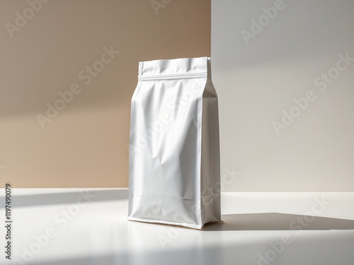 Minimalist image of a white quad-seal pouch packaging on a neutral beige and white background, suitable for product mockups or branding presentations. photo