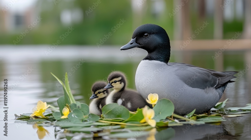Fototapeta premium Moorhens guard their ducklings as they enjoy the serene pond, surrounded by vibrant green leaves and calm water