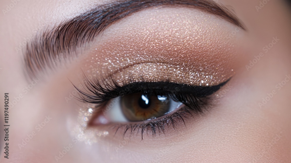 Close-up of beautifully styled eye makeup featuring shimmering gold tones and winged eyeliner with ample copy space for text. Close-up of beautifully styled eye makeup featuring shimmering gold tones and winged eyeliner with ample copy space for text.