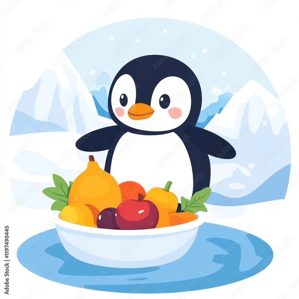Naklejka premium Cartoon penguin near a bowl of fruit in snowy mountains for a healthy meal concept