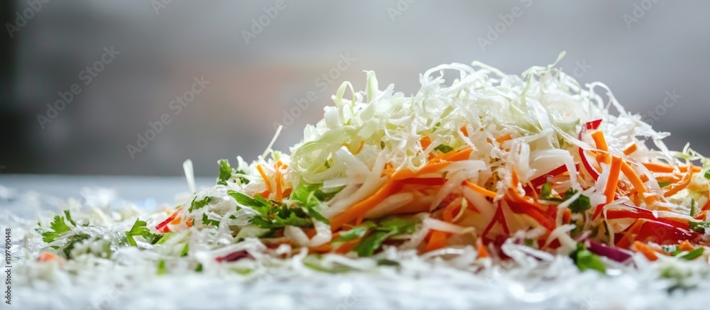 Freshly prepared colorful vegetable salad with shredded cabbage, carrots, and herbs on white background with Copy Space for text. Freshly prepared colorful vegetable salad with shredded cabbage, carrots, and herbs on white background with Copy Space for text.