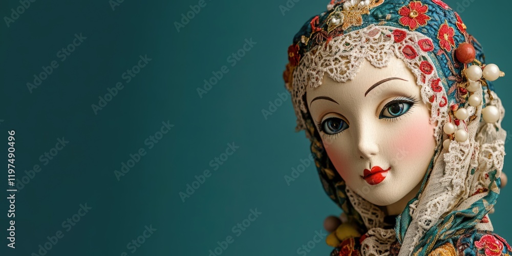 Portrait of a traditional doll with intricate costume details against a solid colored background with ample Copy Space for text placement. Portrait of a traditional doll with intricate costume details against a solid colored background with ample Copy Space for text placement.