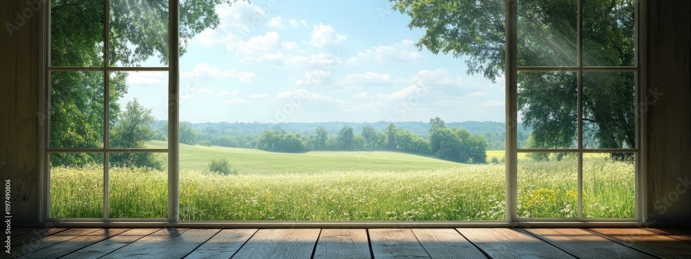 Panoramic view of a rural landscape through a window with wooden floor and green fields under a blue sky Copy Space Panoramic view of a rural landscape through a window with wooden floor and green fields under a blue sky Copy Space